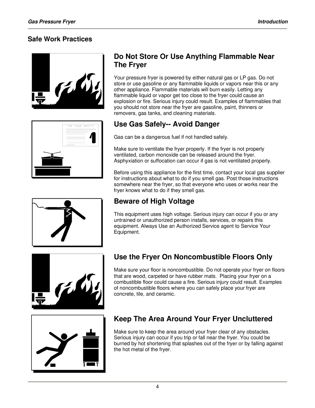 Bakers Pride Oven LGF-FC service manual Do Not Store Or Use Anything Flammable Near Fryer, Safe Work Practices 