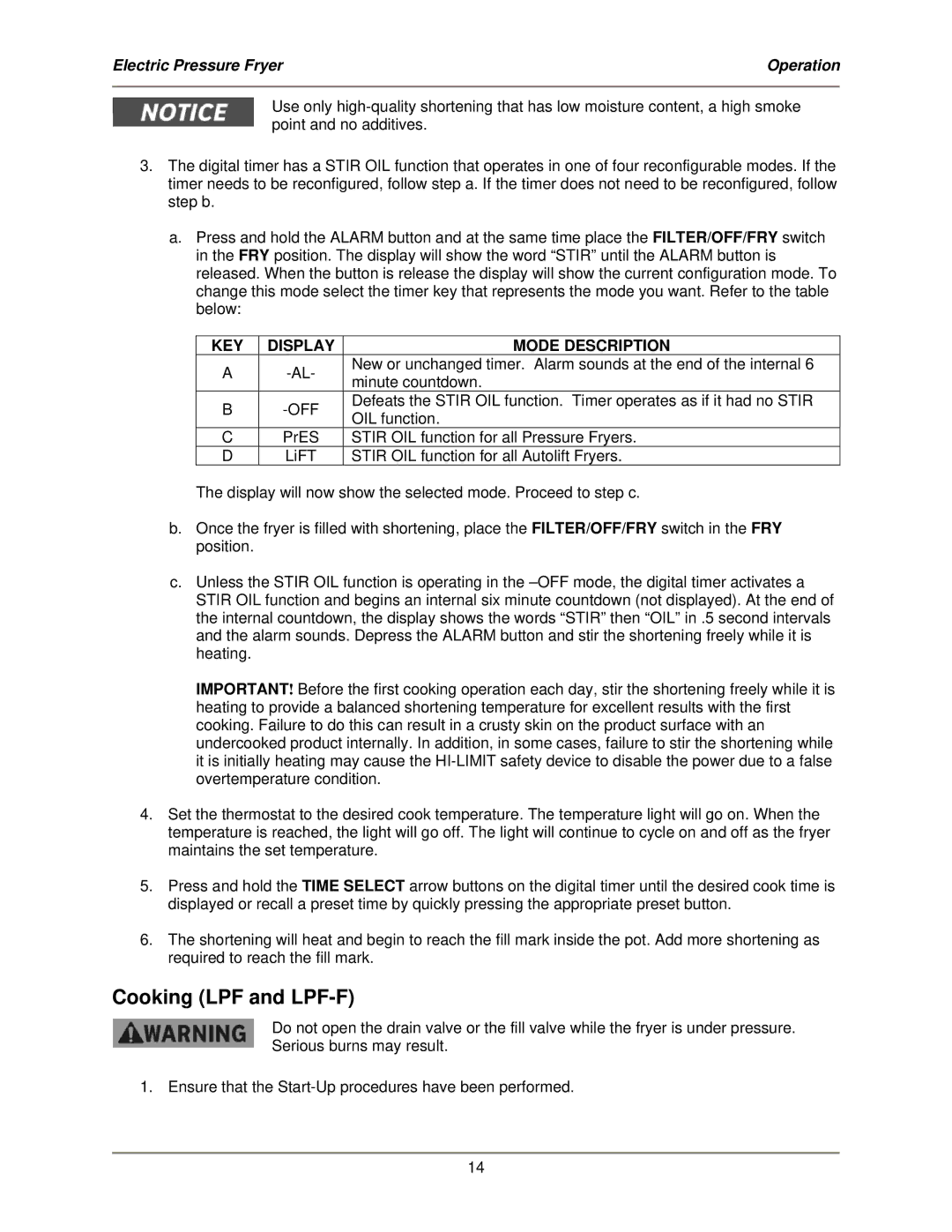 Bakers Pride Oven LPF-FC service manual Cooking LPF and LPF-F, KEY Display Mode Description 