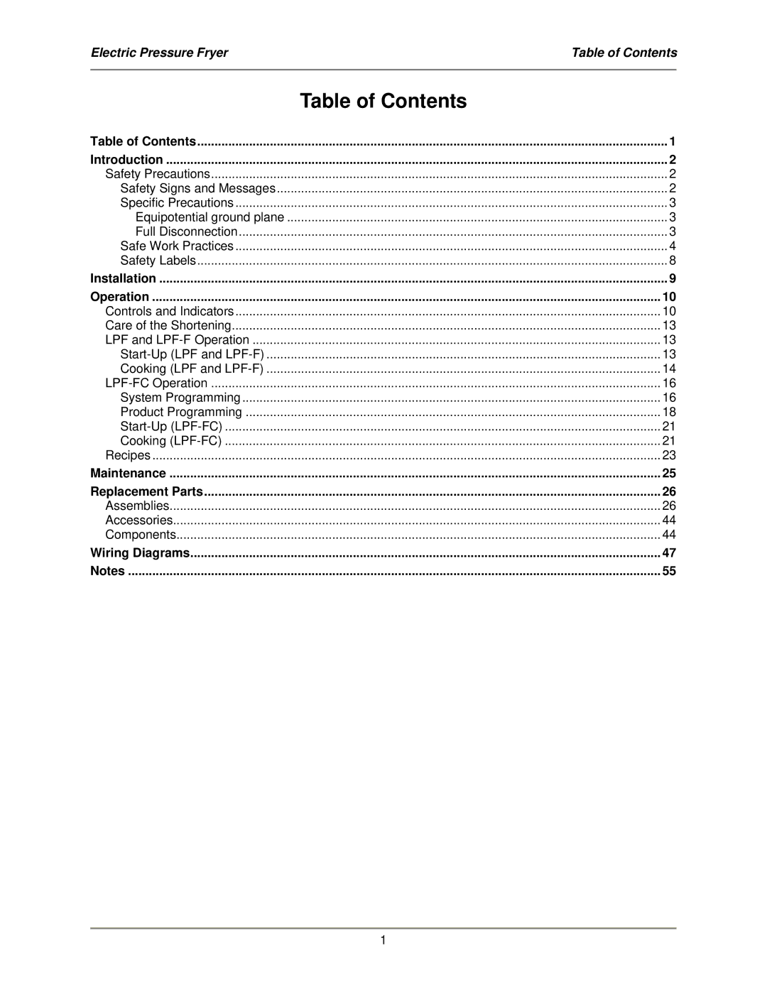 Bakers Pride Oven LPF-FC service manual Table of Contents 