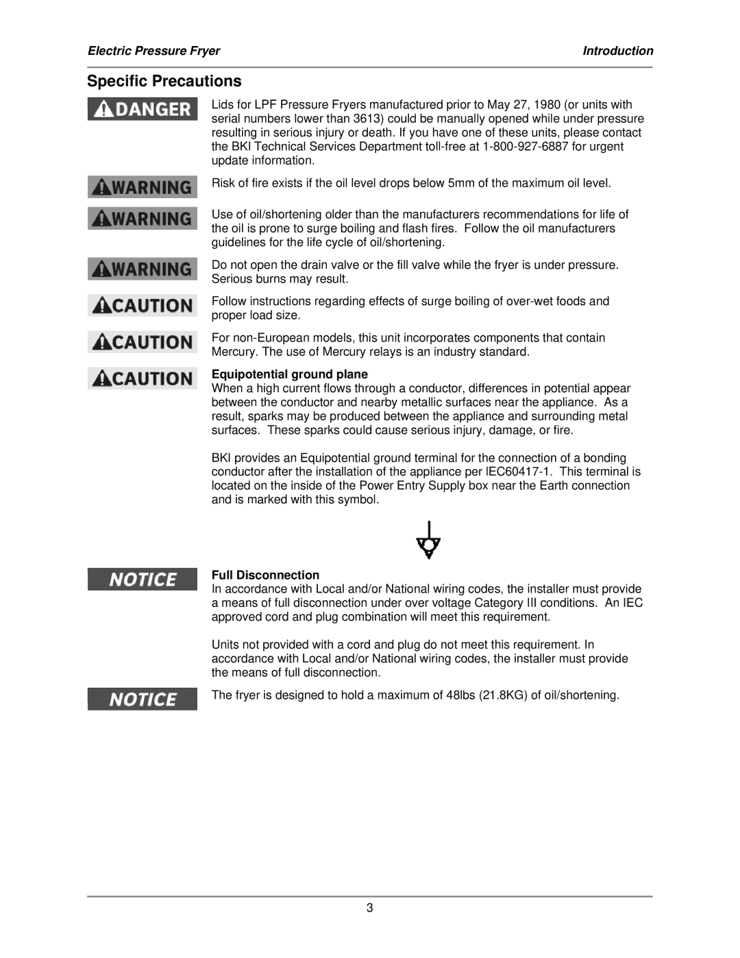 Bakers Pride Oven LPF-FC service manual Specific Precautions, Equipotential ground plane, Full Disconnection 