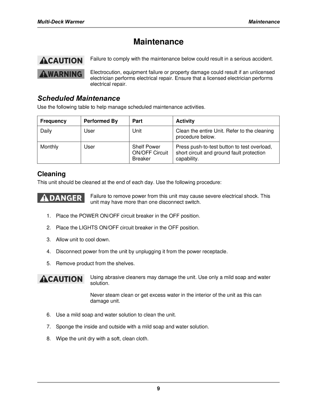 Bakers Pride Oven MDW operation manual Scheduled Maintenance, Cleaning 