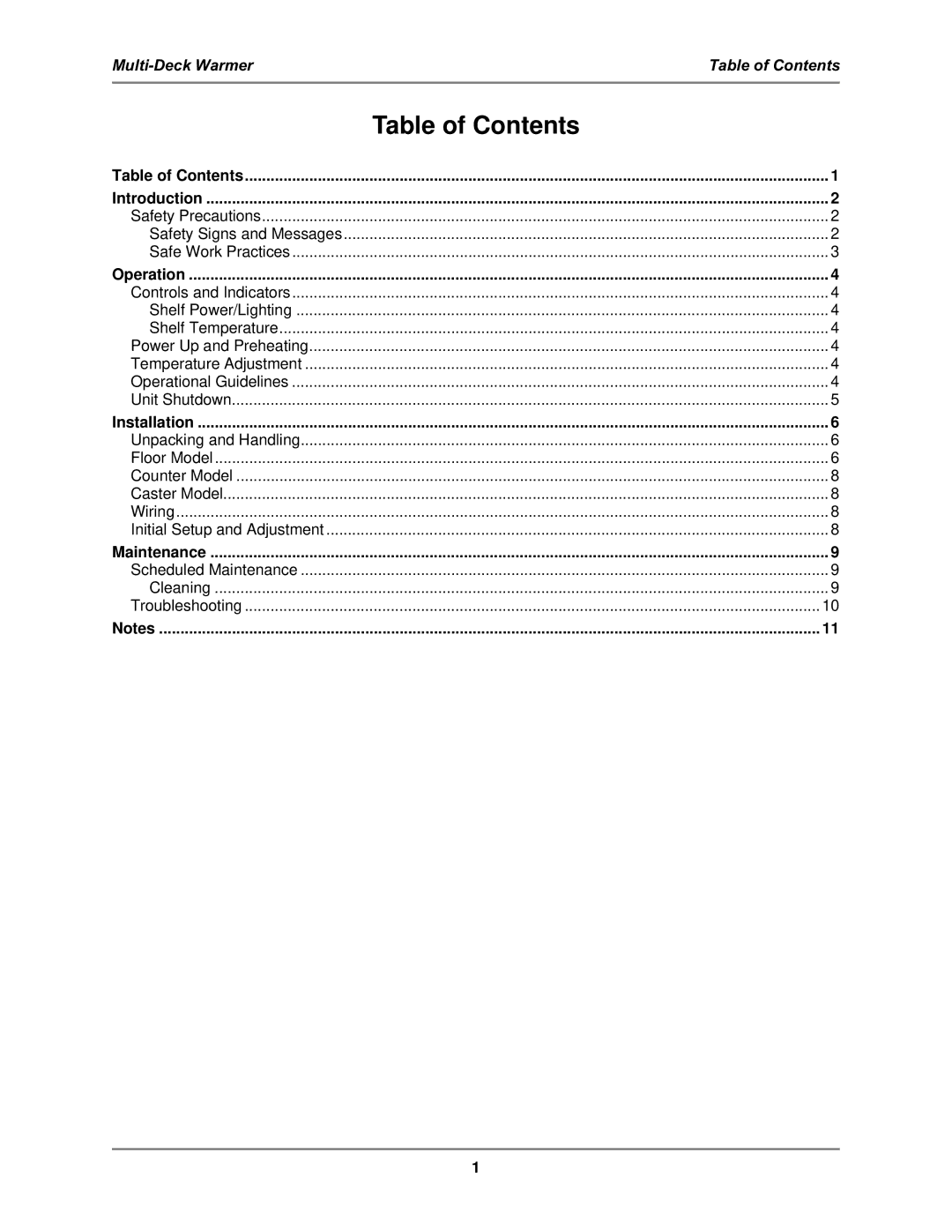 Bakers Pride Oven MDW operation manual Table of Contents 