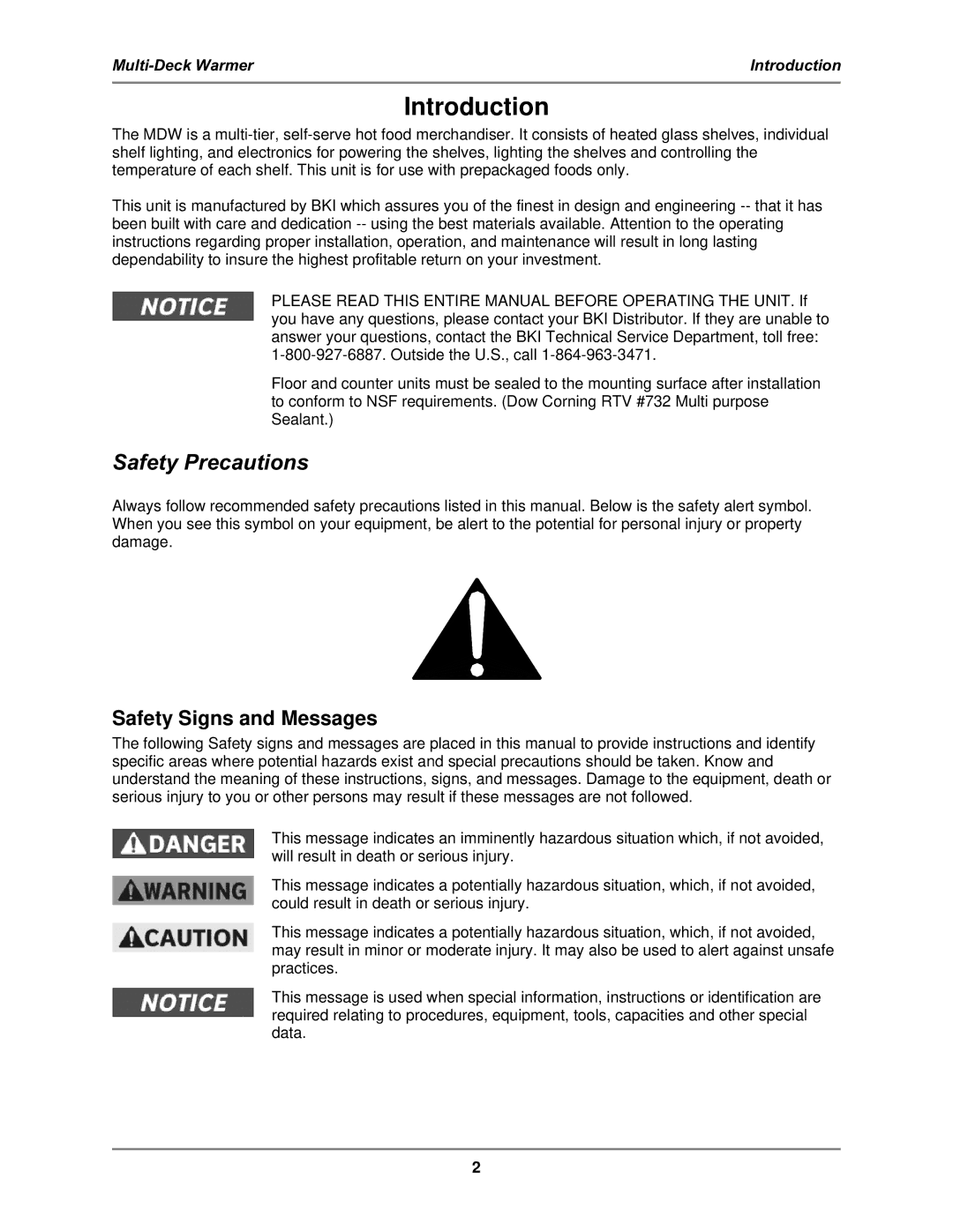 Bakers Pride Oven MDW operation manual Introduction, Safety Precautions, Safety Signs and Messages 