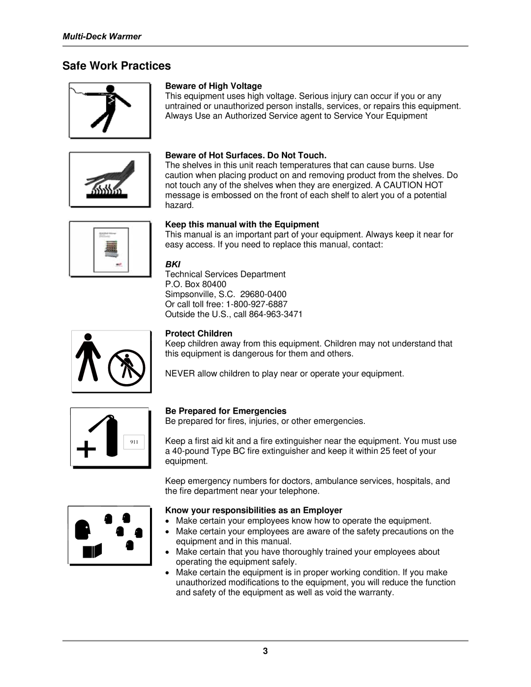 Bakers Pride Oven MDW operation manual Safe Work Practices, Beware of High Voltage 