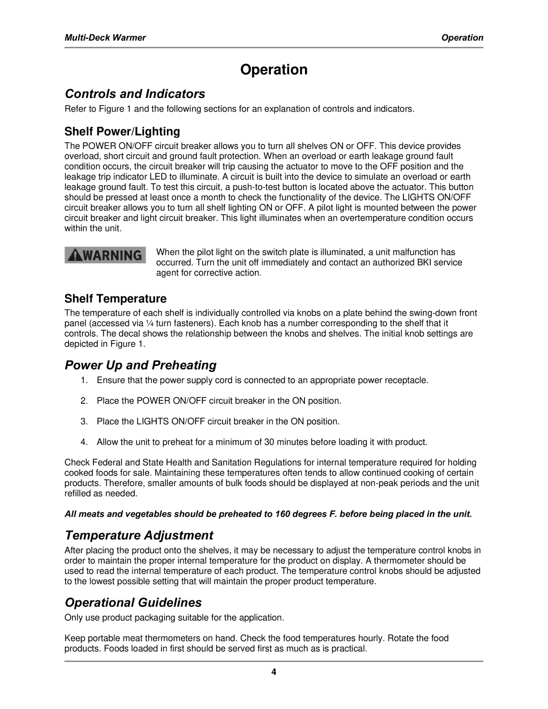 Bakers Pride Oven MDW operation manual Operation, Controls and Indicators, Power Up and Preheating, Temperature Adjustment 