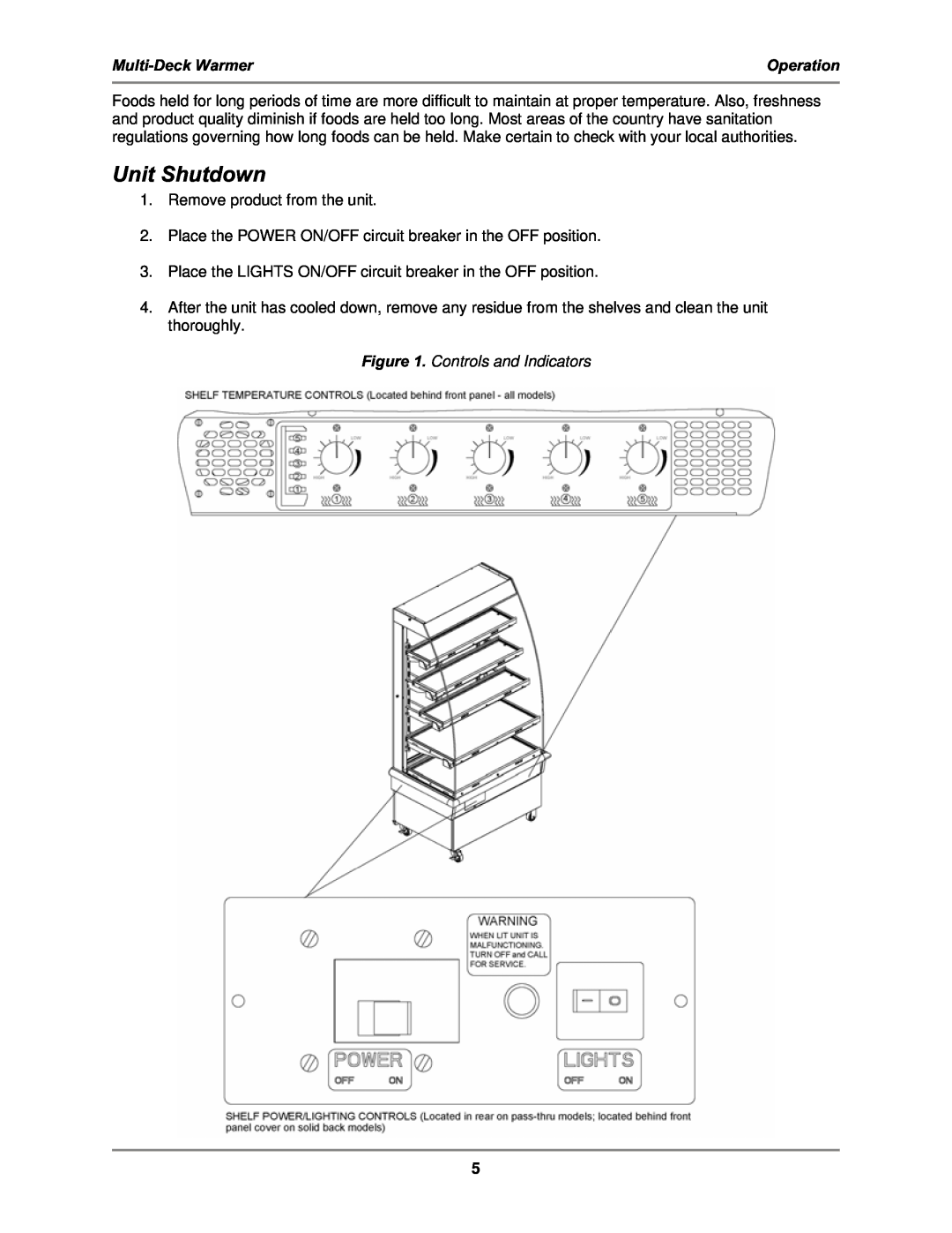 Bakers Pride Oven MDW operation manual Unit Shutdown, Controls and Indicators, Multi-DeckWarmer, Operation 