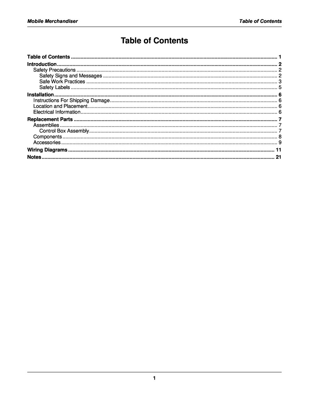 Bakers Pride Oven MM6, MM4 service manual Mobile Merchandiser, Table of Contents 