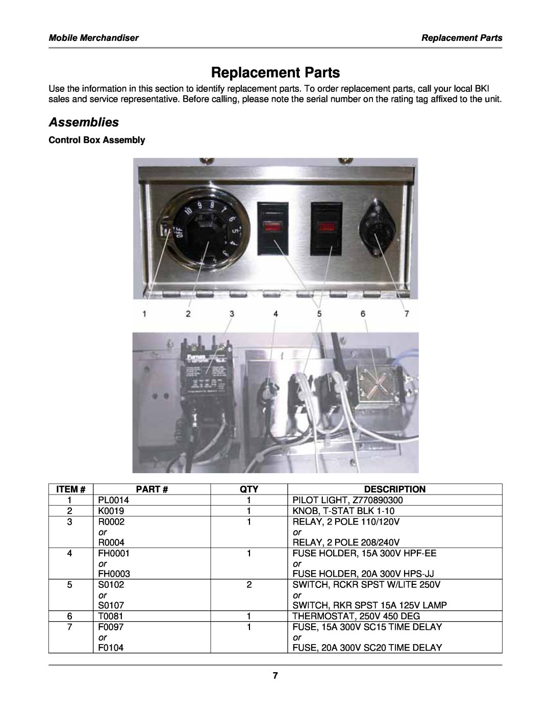 Bakers Pride Oven MM6, MM4 service manual Replacement Parts, Assemblies, Control Box Assembly, Item #, Part #, Description 