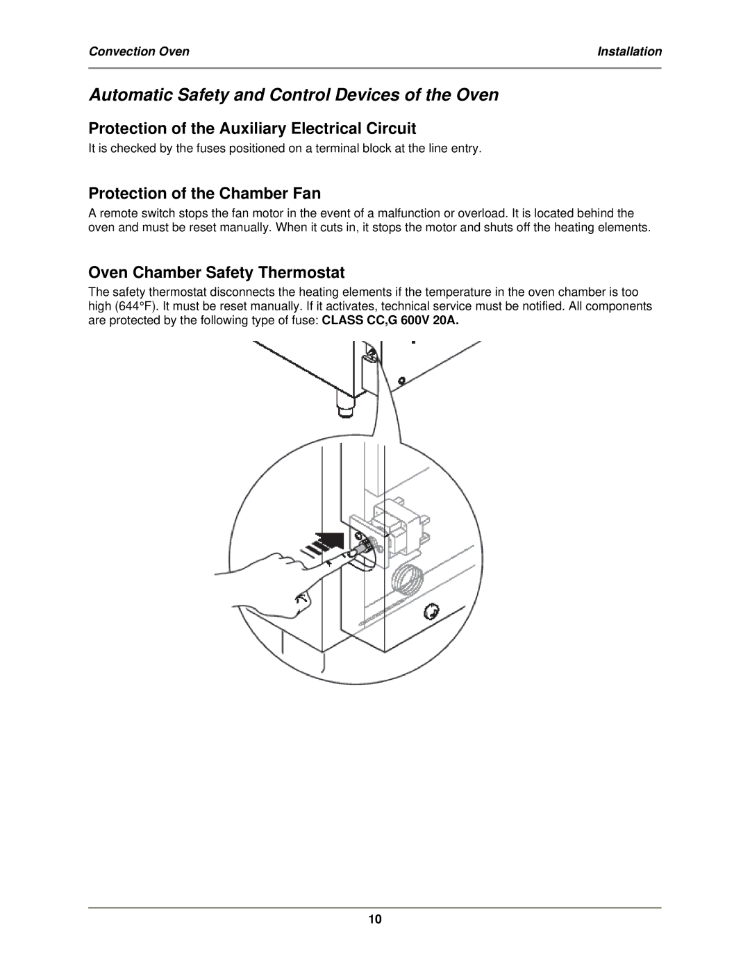 Bakers Pride Oven MT-200 Automatic Safety and Control Devices of the Oven, Protection of the Auxiliary Electrical Circuit 