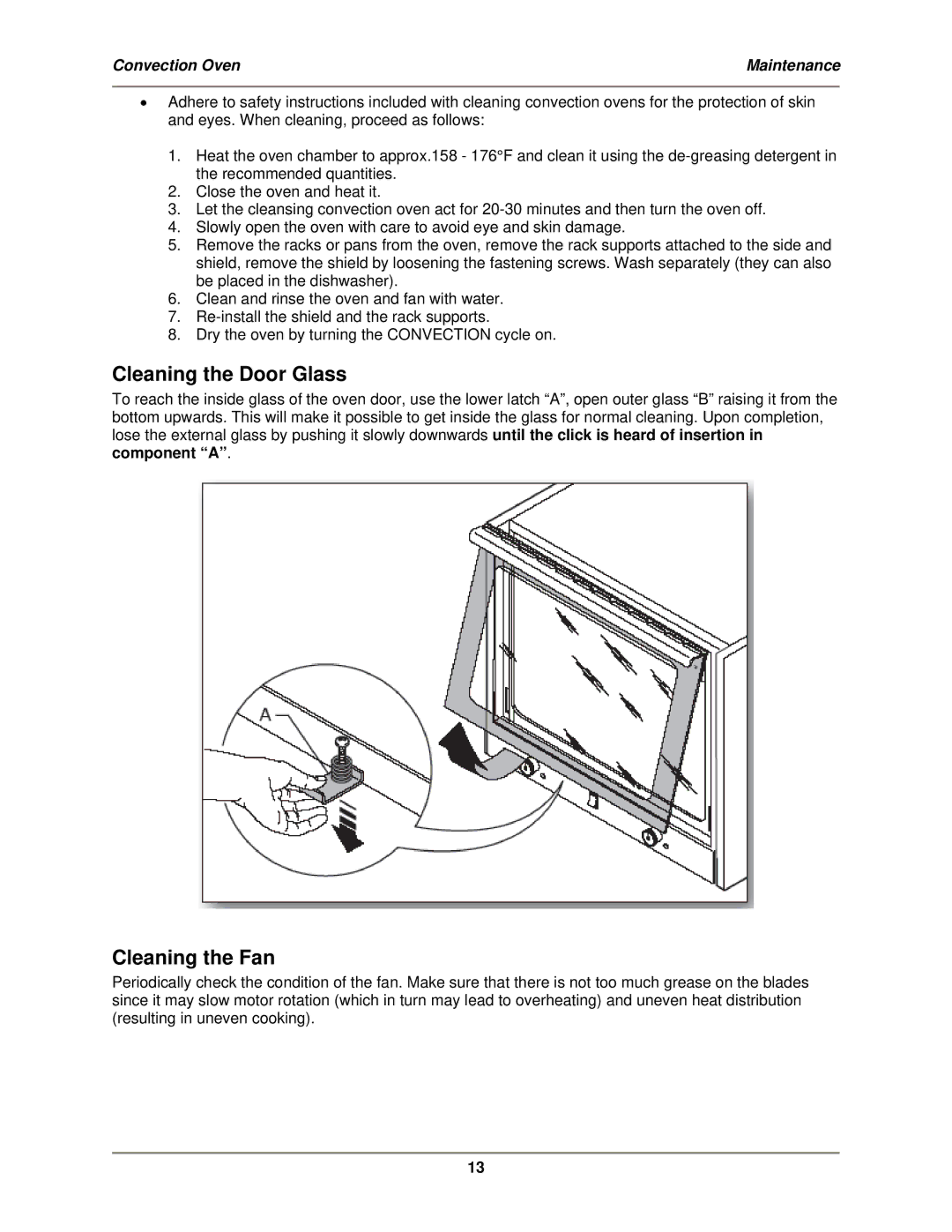 Bakers Pride Oven MT-200 service manual Cleaning the Door Glass, Cleaning the Fan 