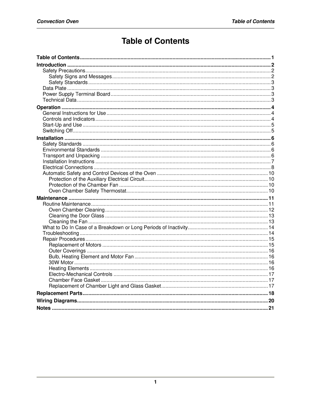 Bakers Pride Oven MT-200 service manual Table of Contents 