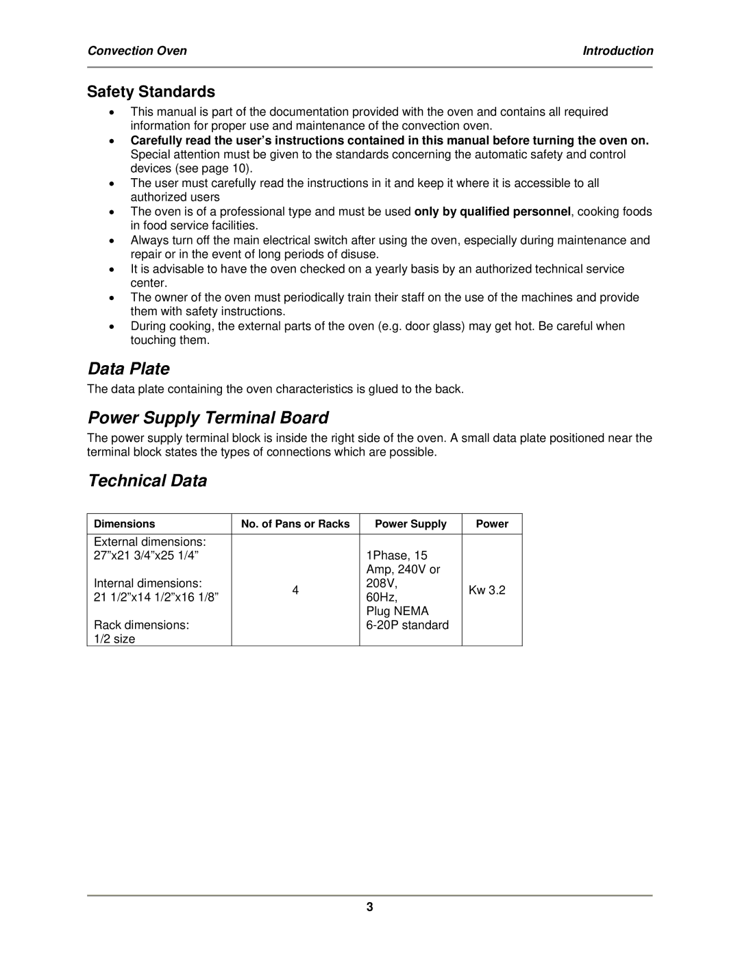 Bakers Pride Oven MT-200 service manual Data Plate, Power Supply Terminal Board, Technical Data, Safety Standards 