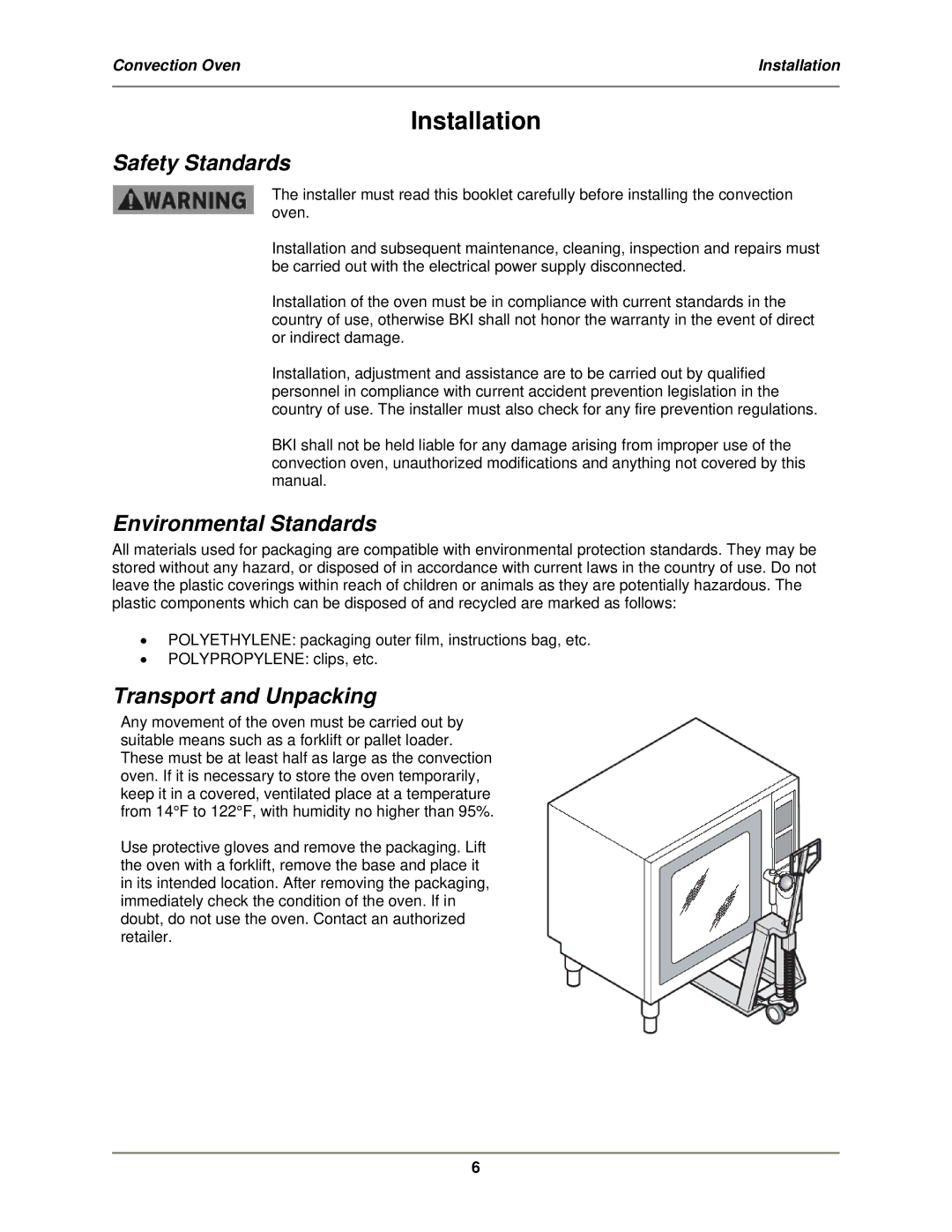 Bakers Pride Oven MT-200 service manual Installation, Safety Standards, Environmental Standards, Transport and Unpacking 