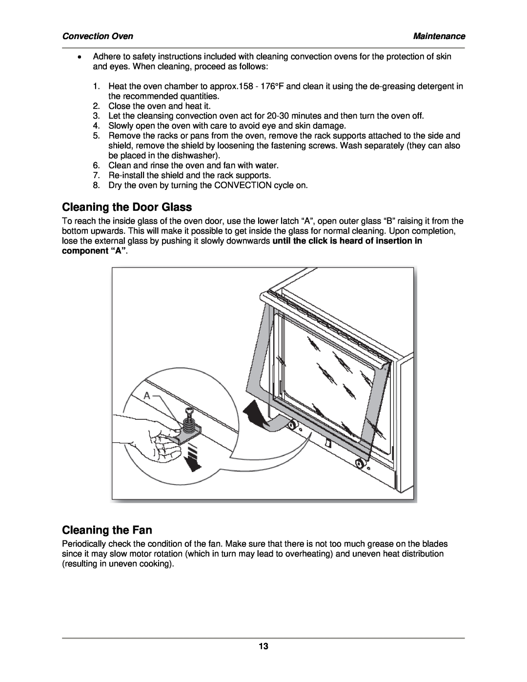 Bakers Pride Oven MT-200 service manual Cleaning the Door Glass, Cleaning the Fan, Convection Oven, Maintenance 