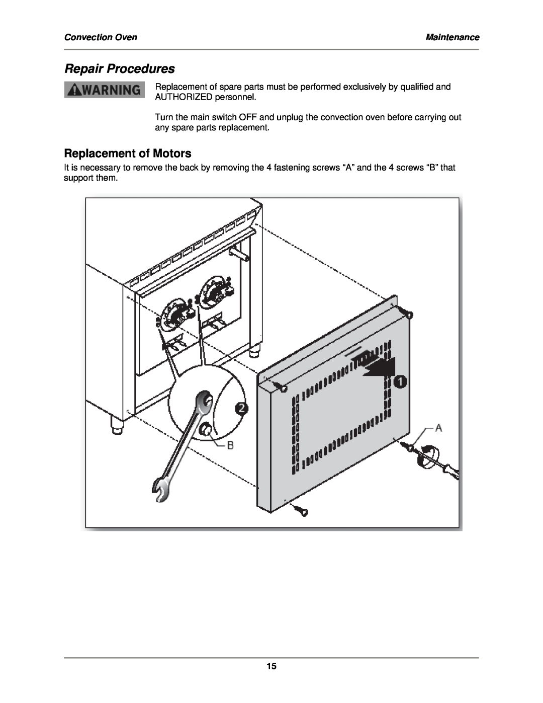 Bakers Pride Oven MT-200 service manual Repair Procedures, Replacement of Motors, Convection Oven, Maintenance 