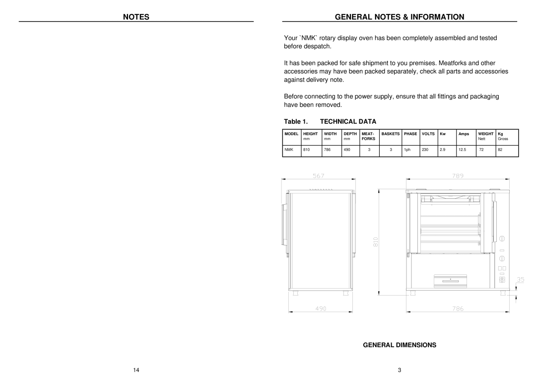 Bakers Pride Oven NMK installation manual General Notes & Information, Technical Data 