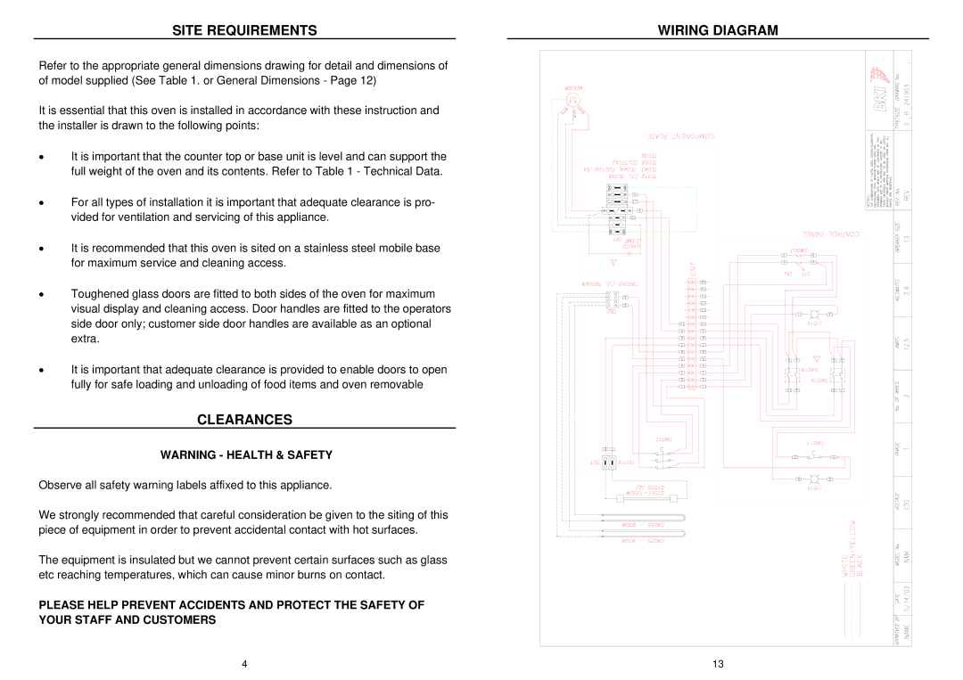 Bakers Pride Oven NMK installation manual Site Requirements, Clearances, Wiring Diagram 