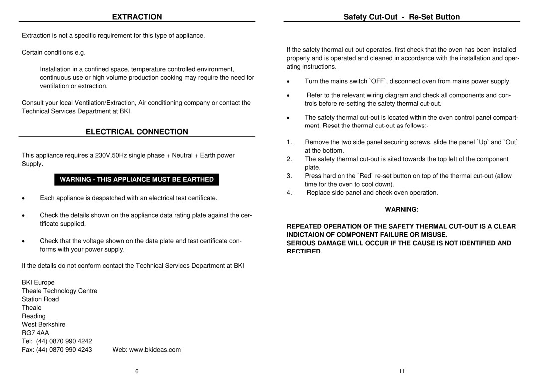 Bakers Pride Oven NMK installation manual Extraction, Electrical Connection, Safety Cut-Out Re-Set Button 