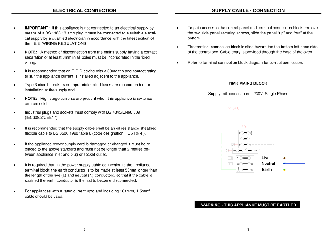 Bakers Pride Oven NMK installation manual Supply Cable Connection 