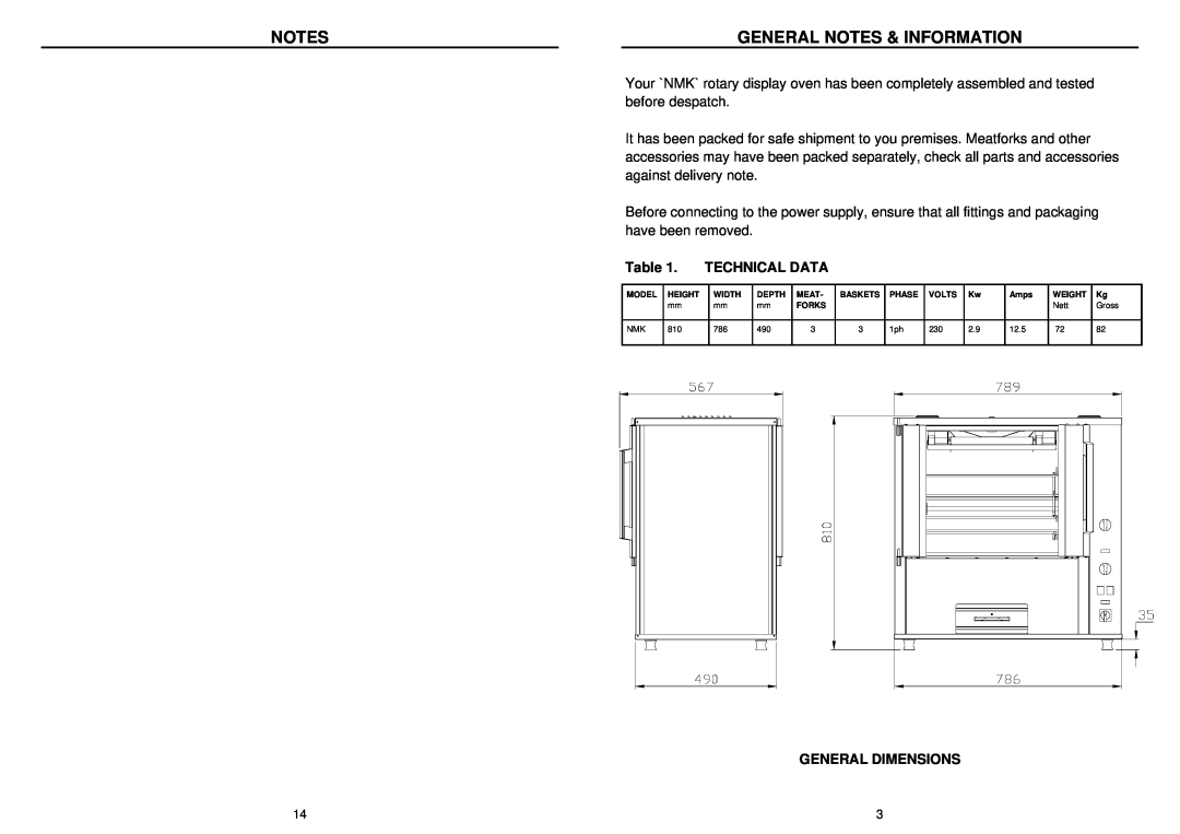 Bakers Pride Oven NMK installation manual General Notes & Information, Technical Data, General Dimensions 