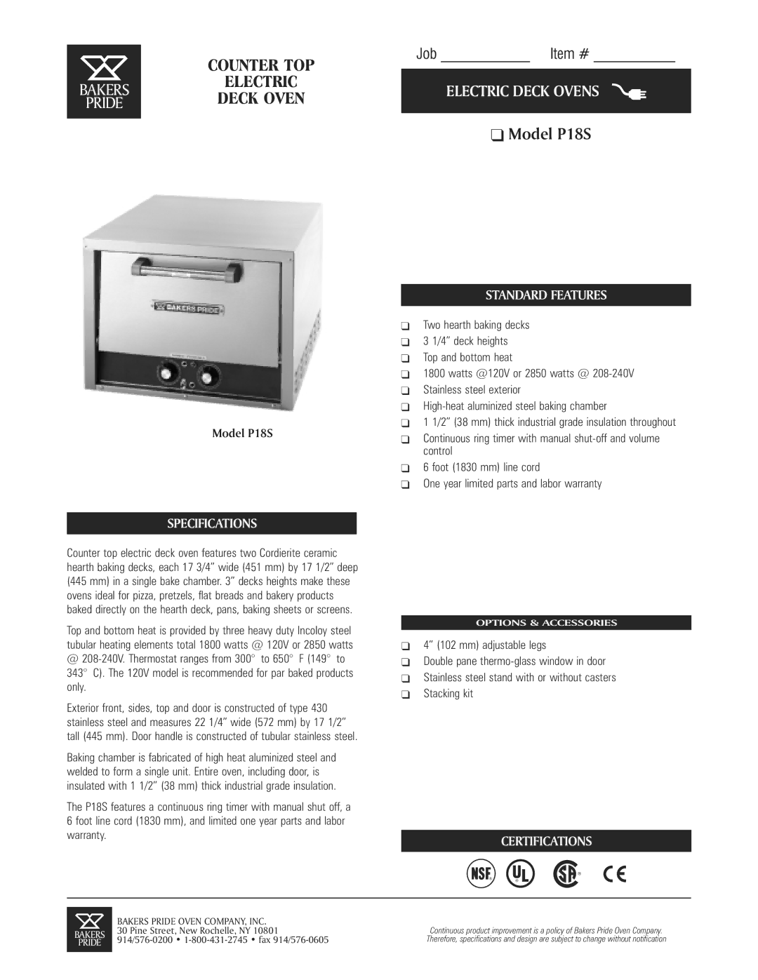 Bakers Pride Oven P185 specifications Standard Features, Specifications, Certifications 