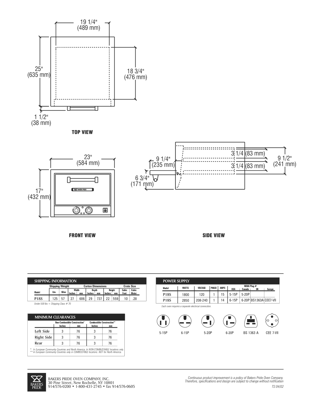 Bakers Pride Oven P185 specifications Shipping Information, Minimum Clearances, Power Supply 