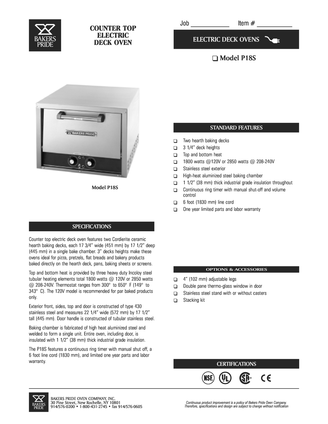 Bakers Pride Oven P185 specifications Model P18S, Counter Top, Electric Deck Ovens, Job Item #, Standard Features 