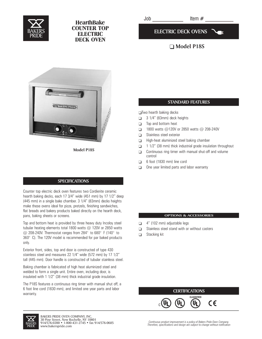 Bakers Pride Oven P18S specifications Standard Features, Specifications, Certifications 