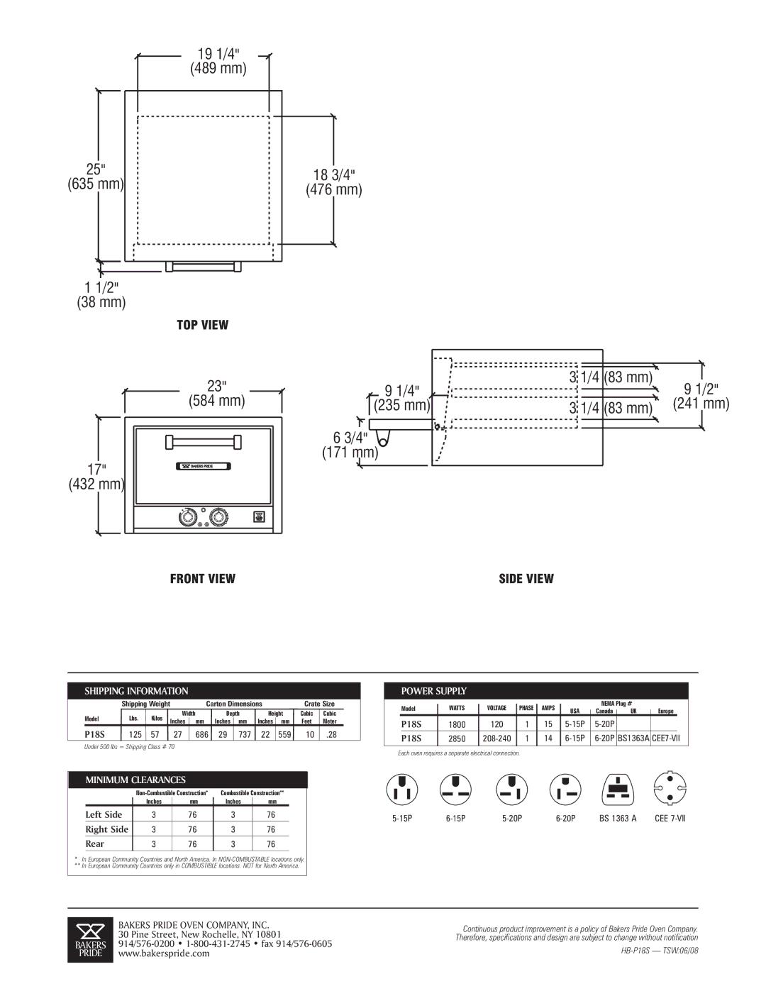 Bakers Pride Oven P18S specifications Shipping Information, Minimum Clearances, Power Supply 