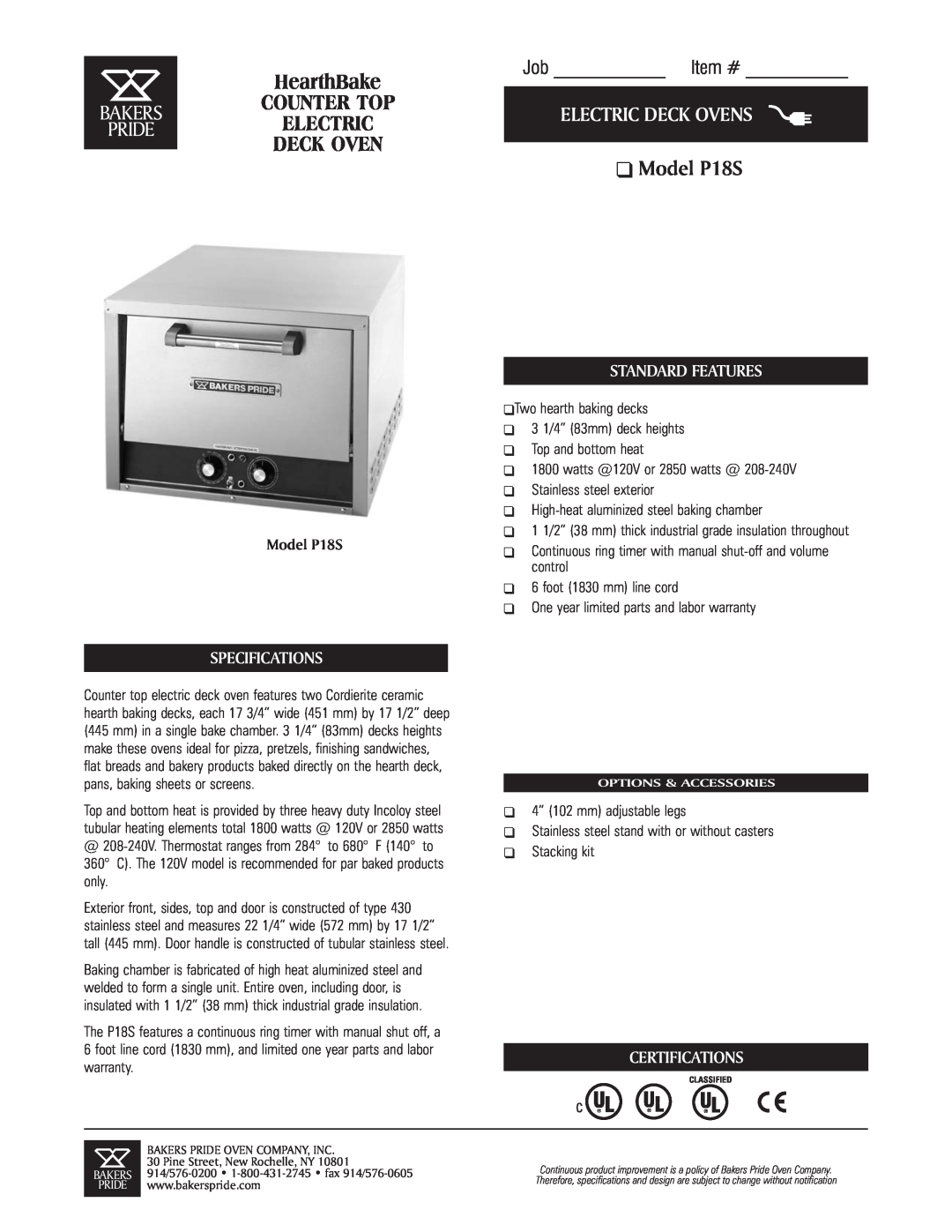Bakers Pride Oven specifications HearthBake, Model P18S, Electric Deck Ovens, Job Item #, Counter Top, Specifications 