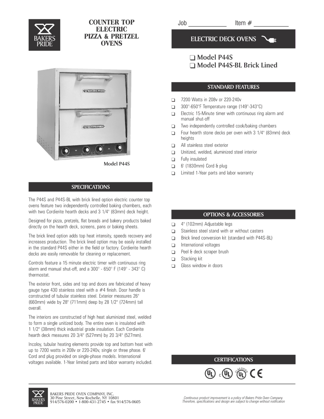 Bakers Pride Oven P44S-BL specifications Specifications, Standard Features, Options & Accessories, Certifications 