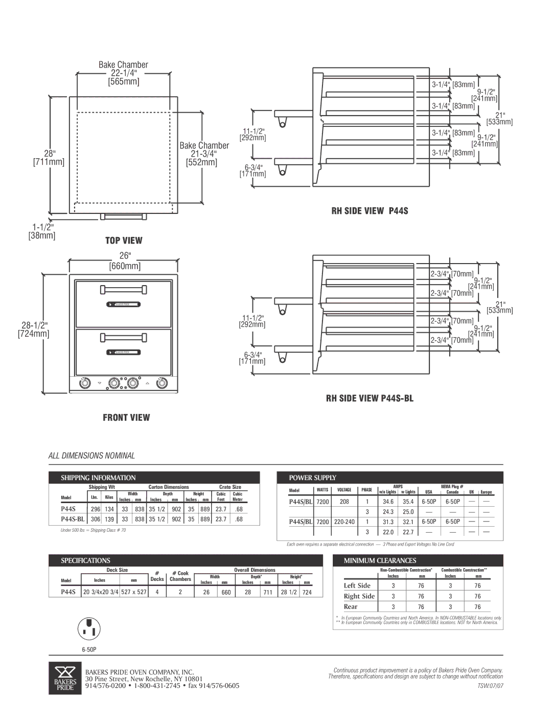 Bakers Pride Oven P44S-BL specifications Shipping Information, Power Supply, Specifications, Minimum Clearances 