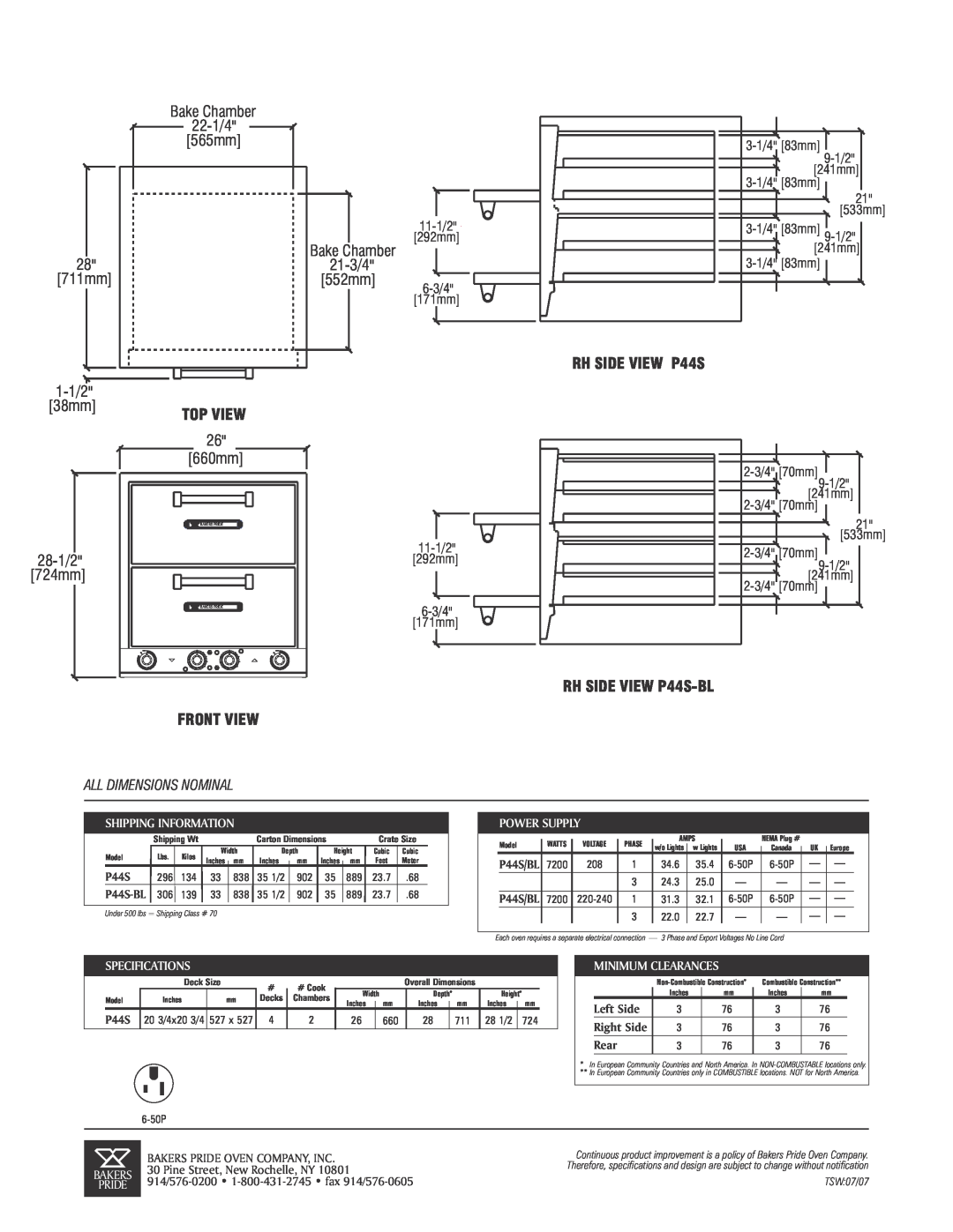 Bakers Pride Oven P44S-BL 1-1/238mm 28-1/2724mm, All Dimensions Nominal, Shipping Information, Power Supply, Left Side 