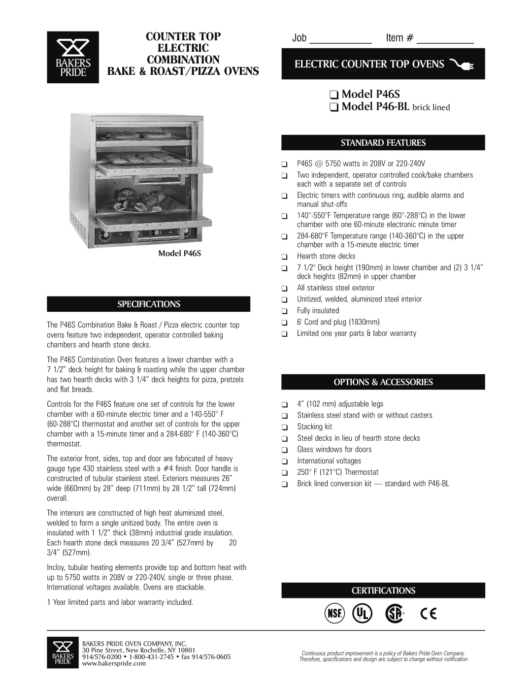 Bakers Pride Oven P46-BL specifications Specifications, Standard Features, Options & Accessories, Certifications 