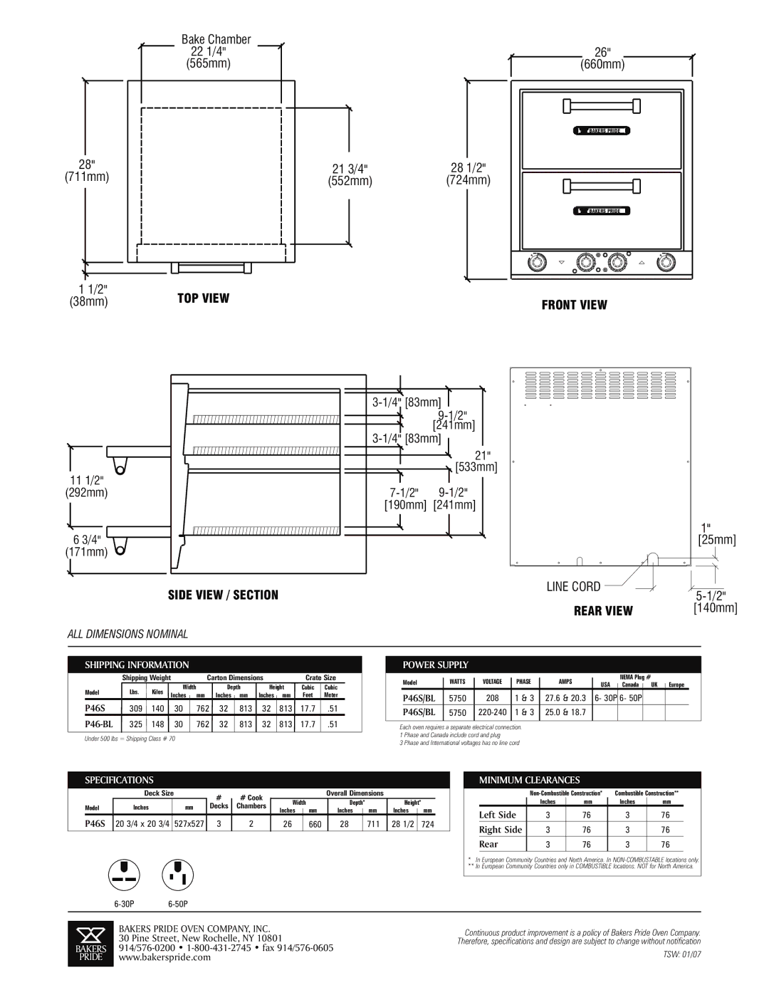 Bakers Pride Oven P46-BL specifications Shipping Information, Power Supply, Specifications, Minimum Clearances 