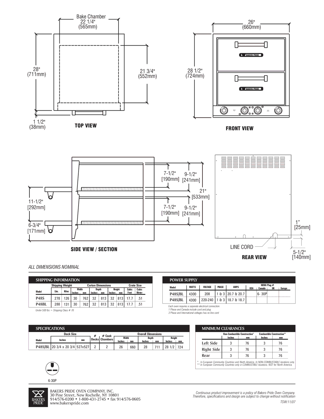 Bakers Pride Oven P48BL specifications 565mm 711mm, 21 3/4 28 1/2, 11-1/2 533mm 292mm 190mm 241mm 171mm, 25mm, 140mm 