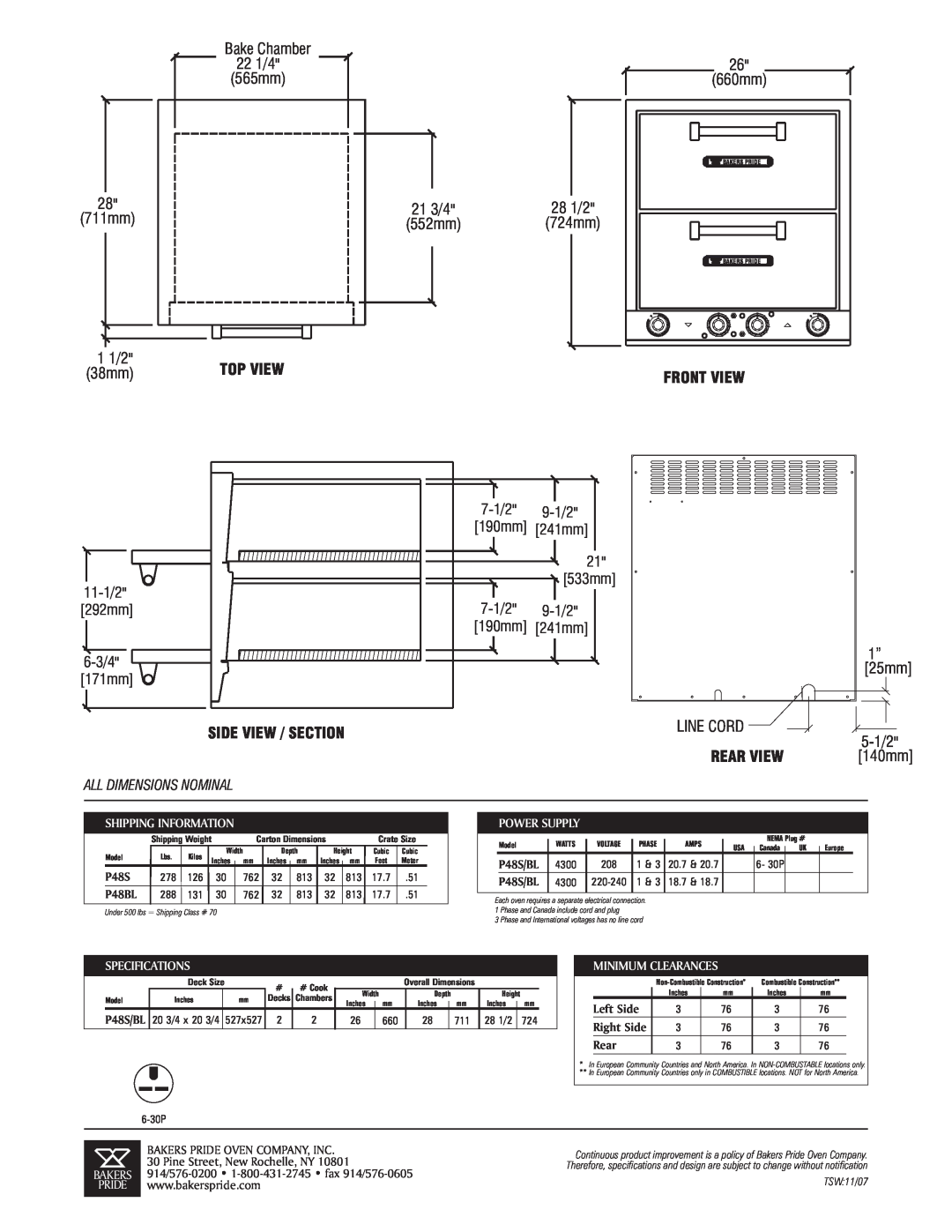 Bakers Pride Oven P48BL specifications 1 1/2, Front View, Side View / Section, Rear View 