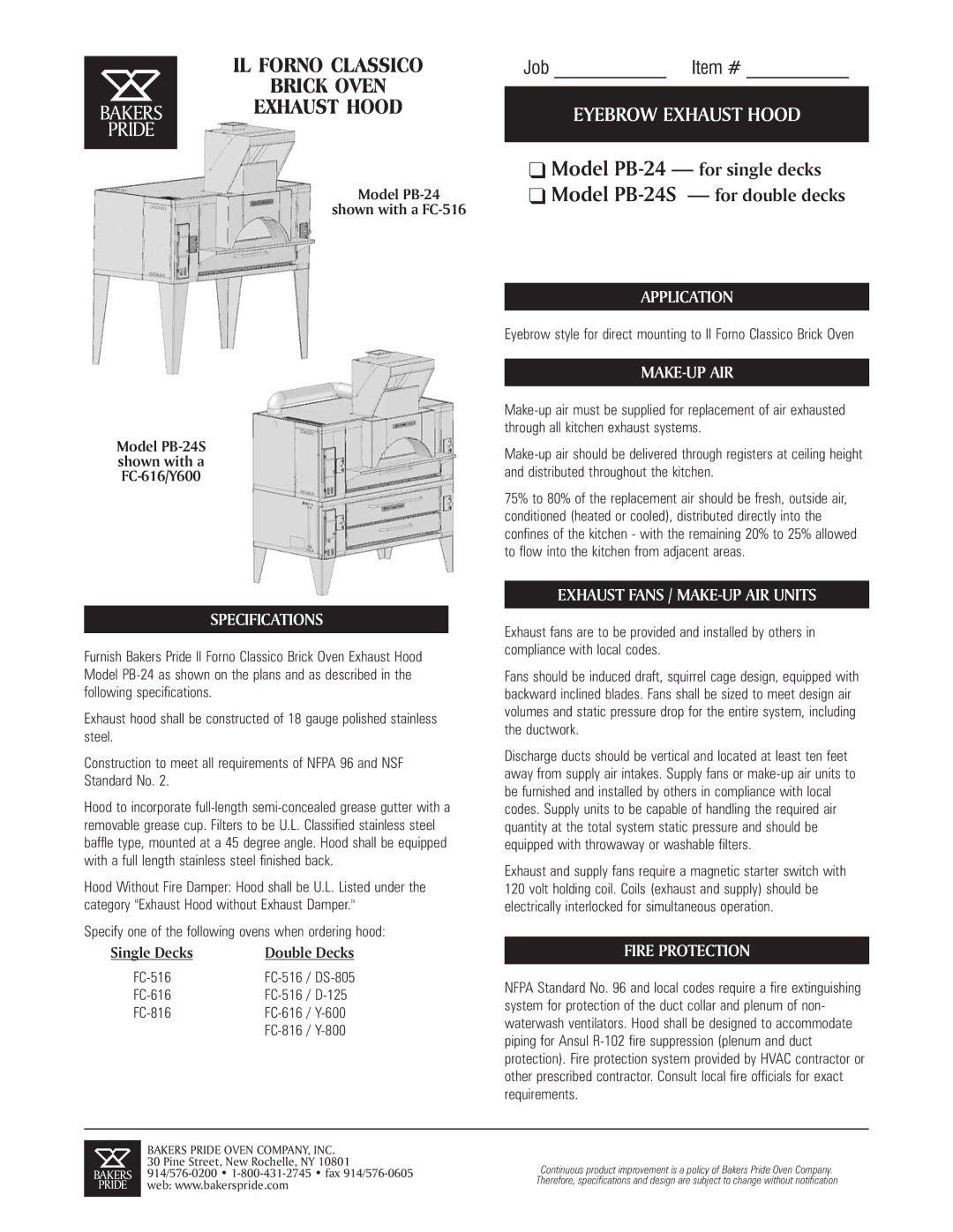 Bakers Pride Oven PB-24S specifications Specifications, Application, Make-Up Air, Exhaust Fans / MAKE-UP AIR Units 