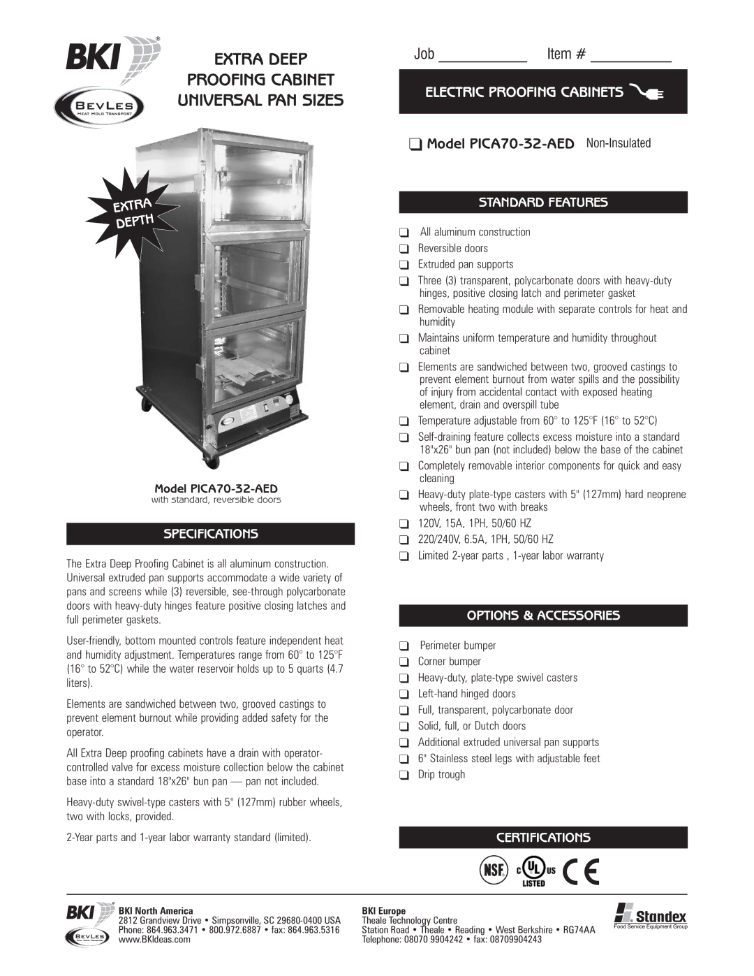 Bakers Pride Oven PICA70-32-AED specifications Specifications, Standard Features, Options & Accessories, Certifications 