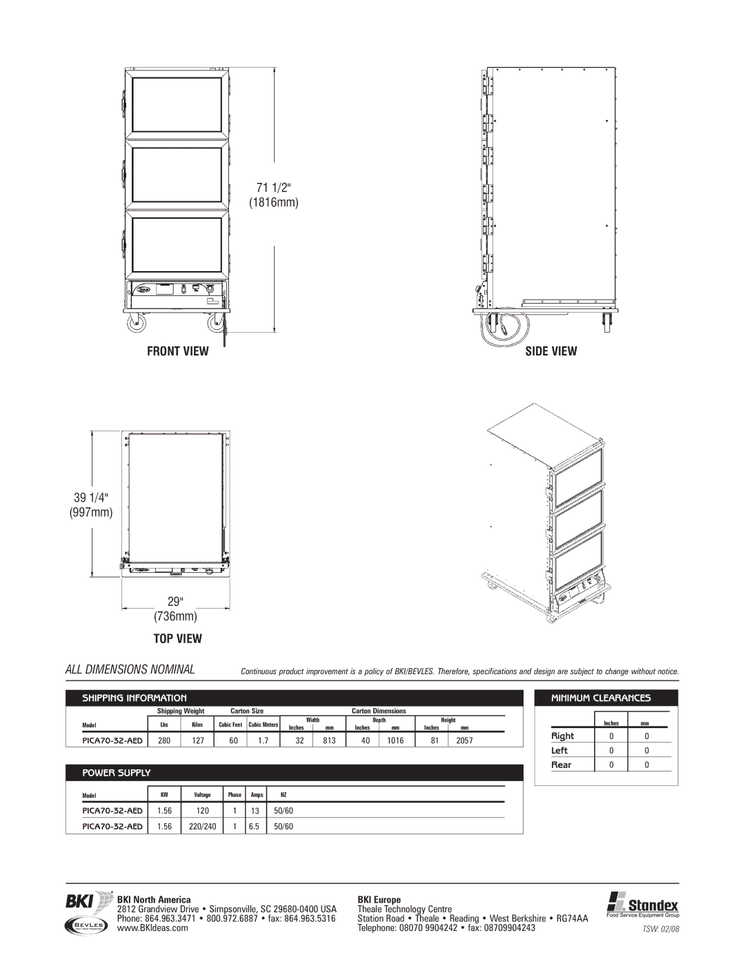 Bakers Pride Oven PICA70-32-AED specifications Shipping Information, Power Supply, Minimum Clearances 