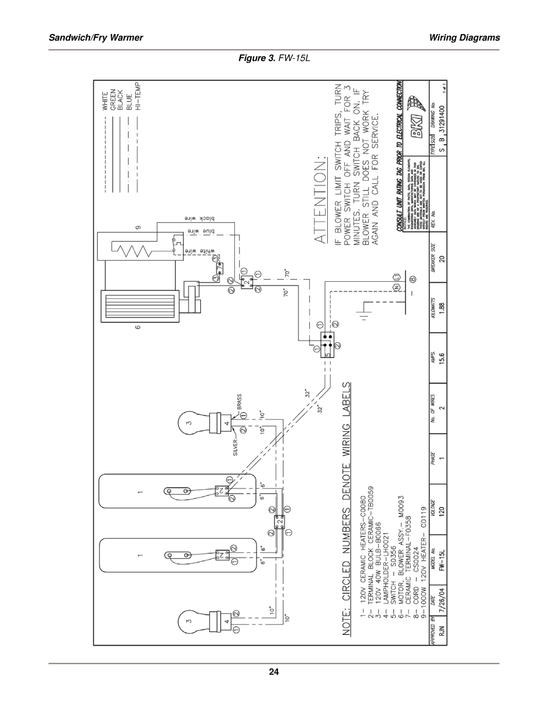 Bakers Pride Oven SFW-72 service manual FW-15L 