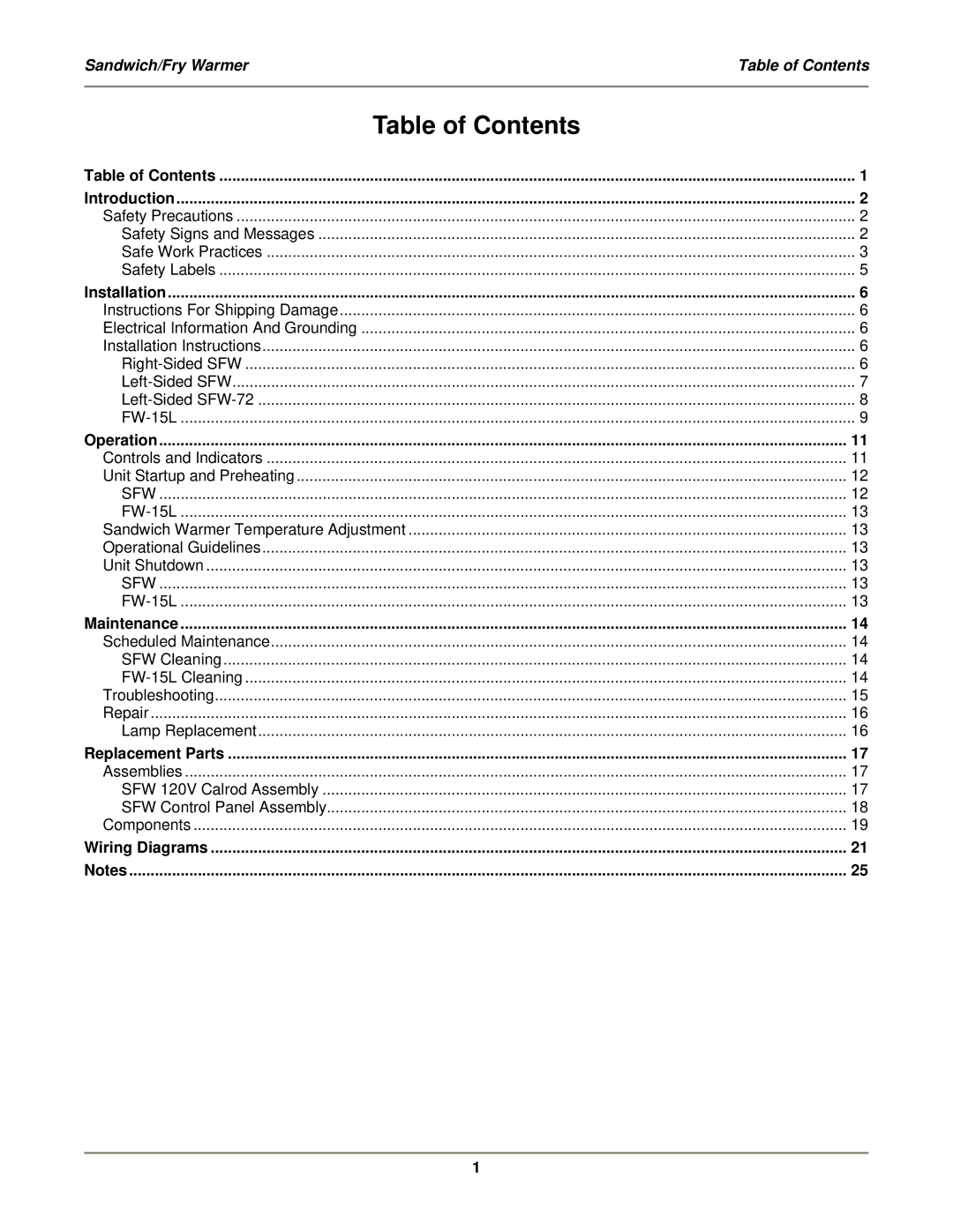 Bakers Pride Oven SFW-72 service manual Table of Contents 