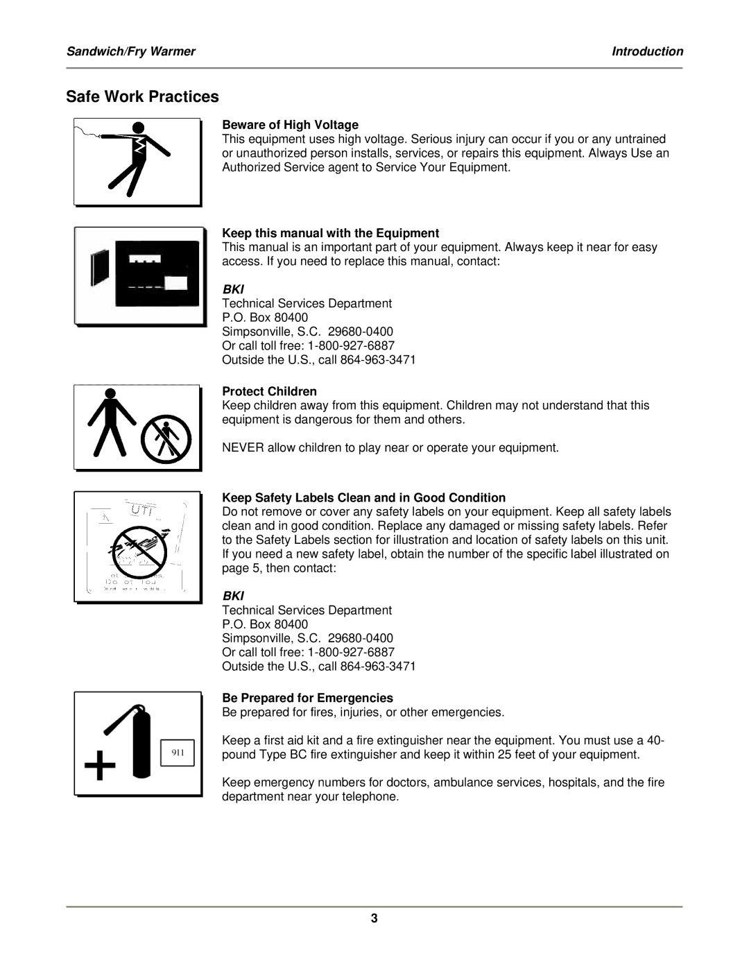 Bakers Pride Oven SFW-72 service manual Safe Work Practices, Beware of High Voltage 