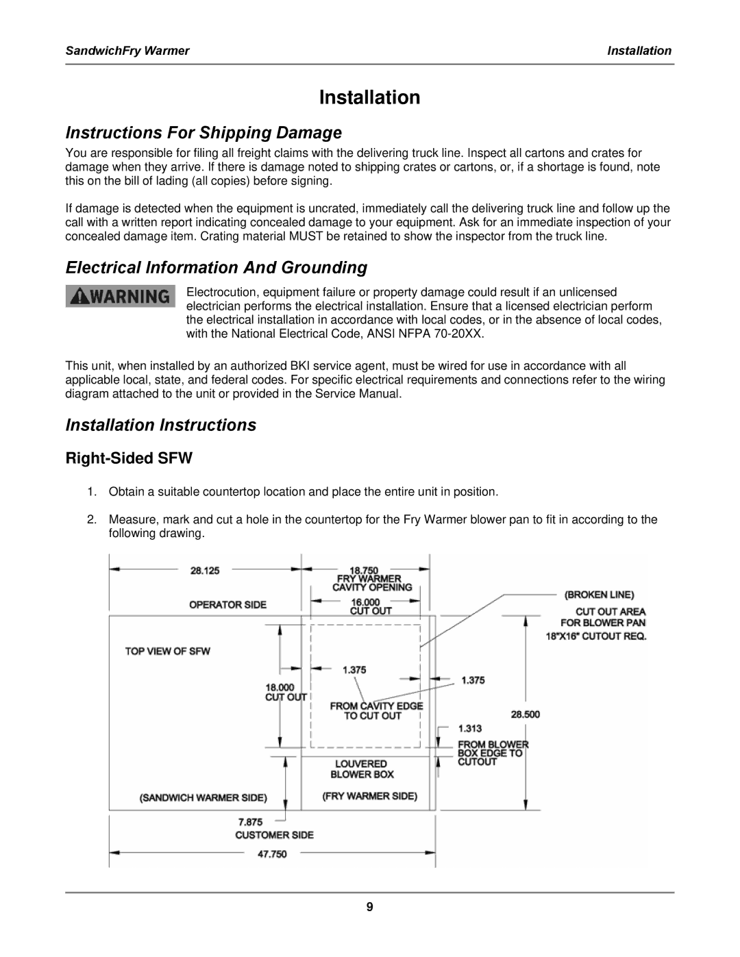 Bakers Pride Oven FW-15L, SFW Installation, Instructions For Shipping Damage, Electrical Information And Grounding 