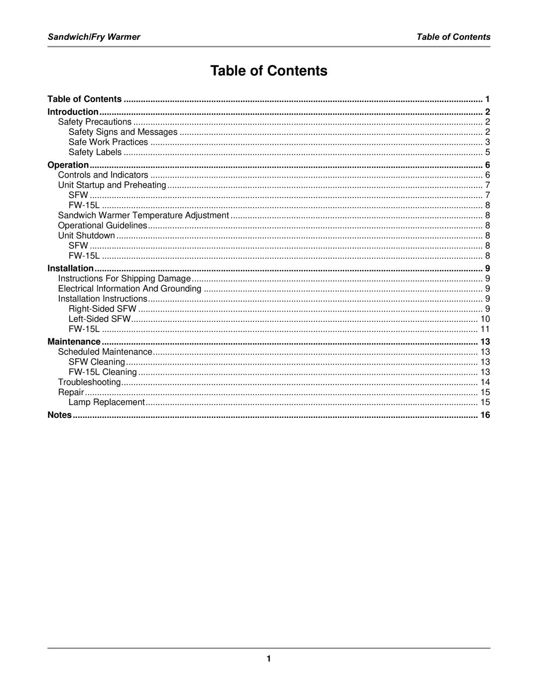 Bakers Pride Oven FW-15L, SFW operation manual Table of Contents 