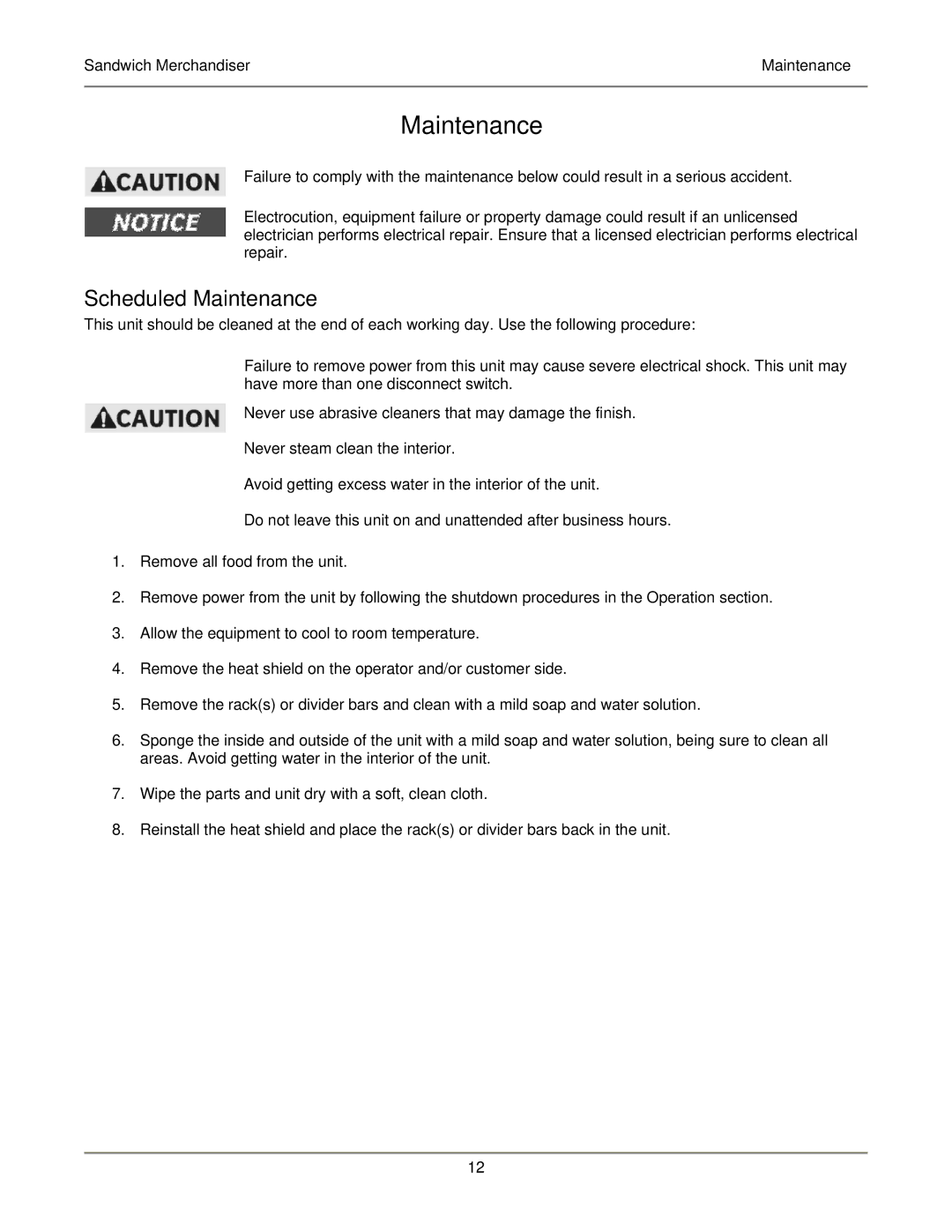 Bakers Pride Oven SM75, SM63, SM27-2L, SM51, SM39 operation manual Scheduled Maintenance 