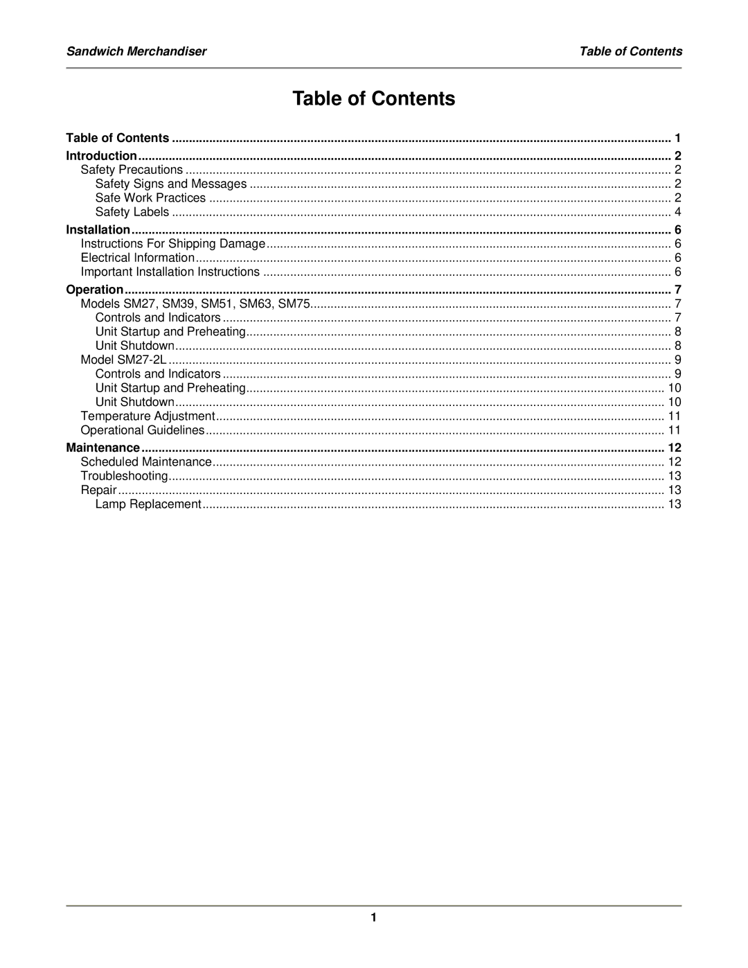 Bakers Pride Oven SM27-2L, SM75, SM63, SM51, SM39 operation manual Table of Contents 