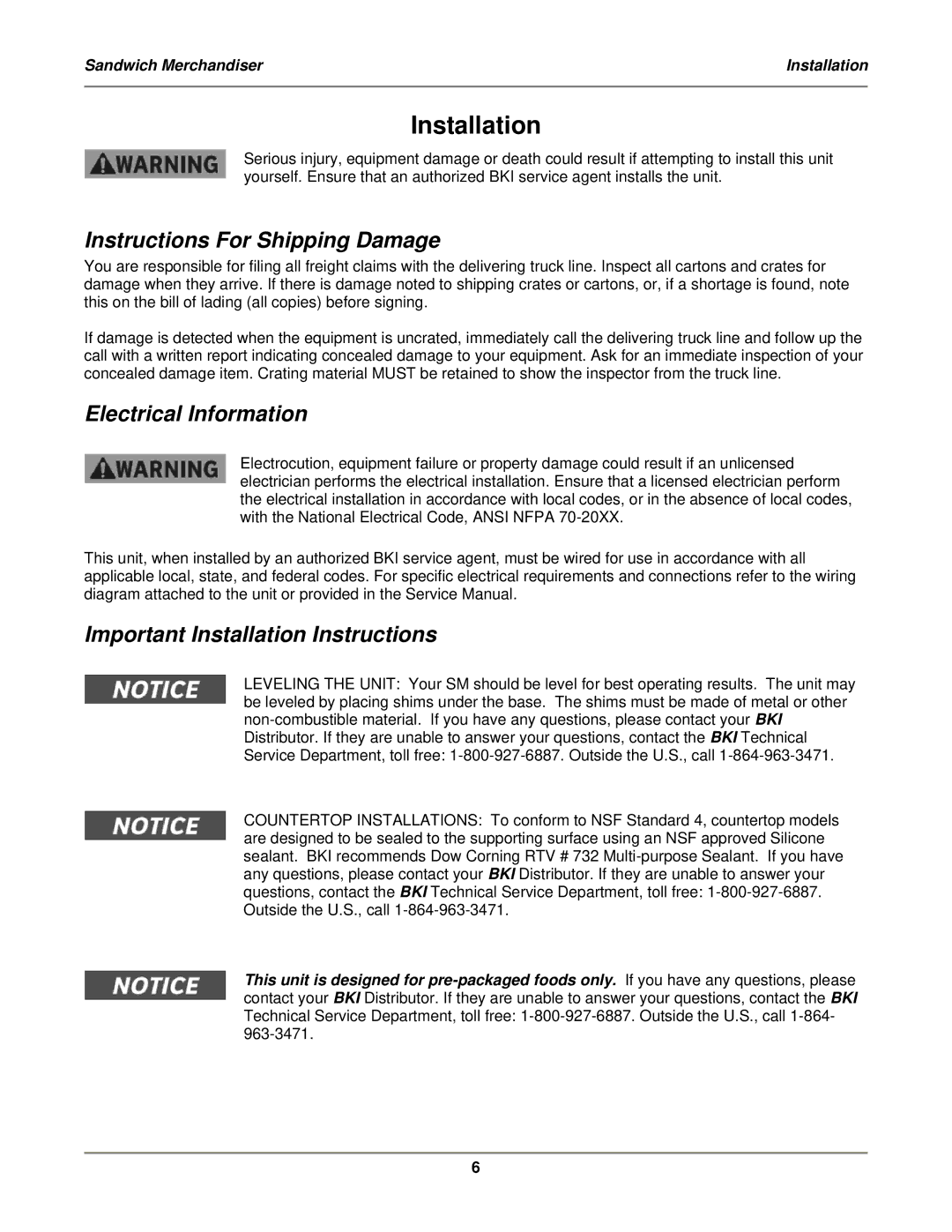 Bakers Pride Oven SM75, SM63, SM27-2L, SM51, SM39 Installation, Instructions For Shipping Damage, Electrical Information 