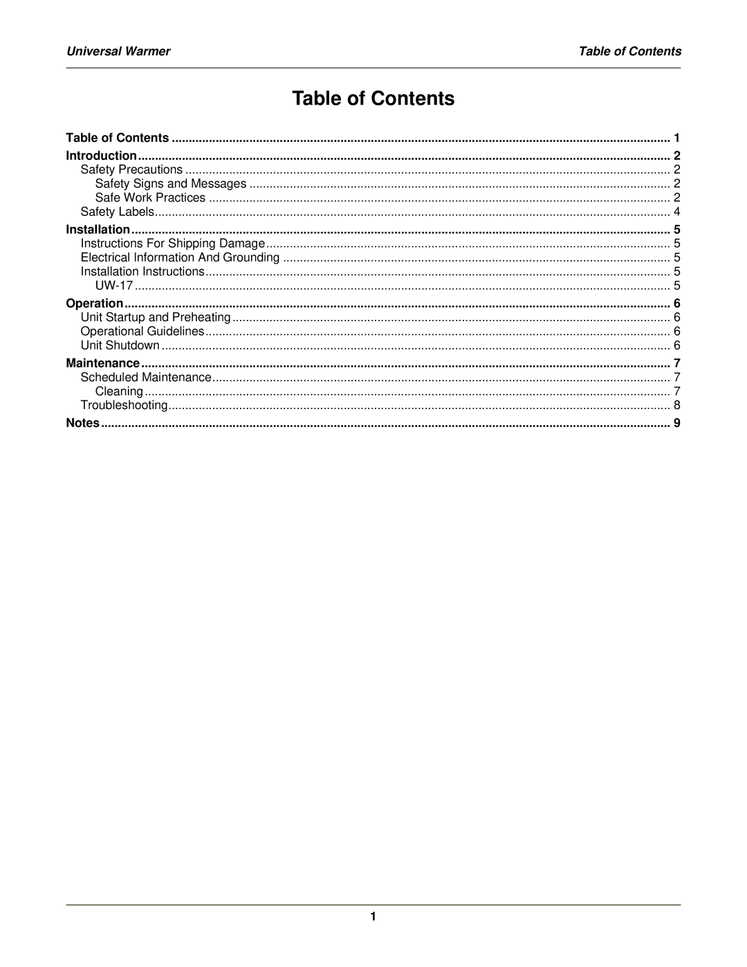 Bakers Pride Oven UW-17 installation manual Table of Contents 