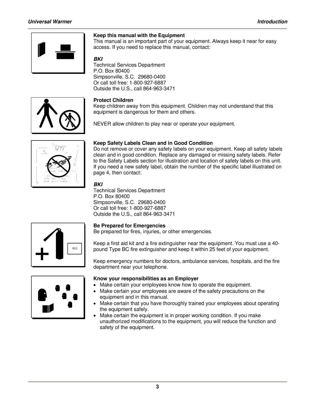 Bakers Pride Oven UW-17 Keep this manual with the Equipment, Protect Children, Be Prepared for Emergencies 